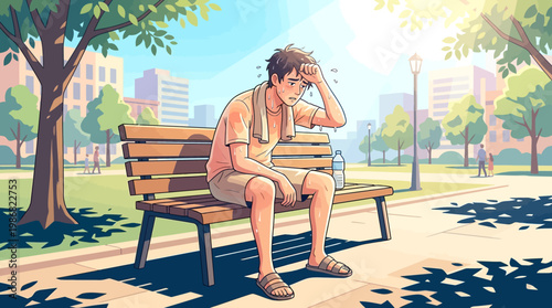 Man Sweating on Park Bench on Hot Summer Day