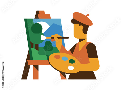 A cartoon artist wearing a beret painting a landscape on an easel with a palette of colors