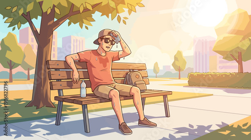 Man Sweating on Park Bench in Hot Summer Weather