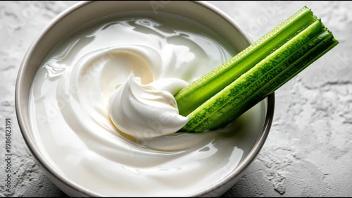 Creamy yogurt dip with fresh green celery sticks being dipped into a bowl, showcasing a smooth texture and vibrant color contrast in a well-lit setting