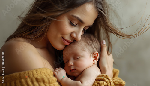 A warm and intimate moment of a mother with a gentle smile and soft facial features, embracing her adorable baby, who is resting their head on her shoulder, with the mother's arms wrapped lovingly