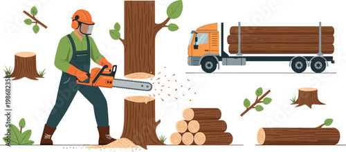 Professional Lumberjack Character Set with Chainsaw Woodcutting, Logging Truck, Timber Stacks, and Tree Felling Elements for Forestry and Wood Industry Designs