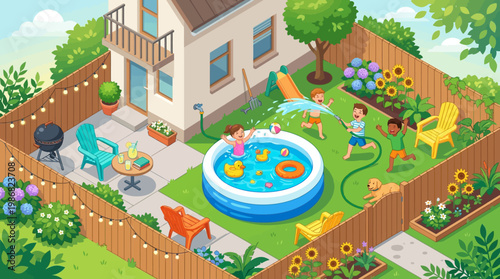 Children Playing In Backyard Pool On Sunny Summer Day