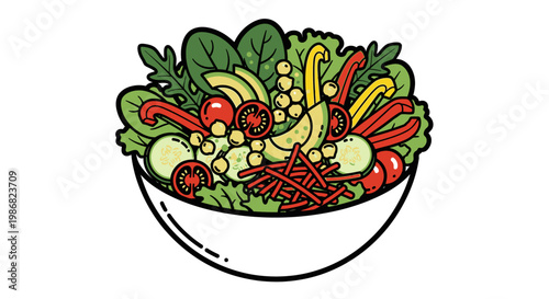Colorful illustration of mixed salad bowl.
