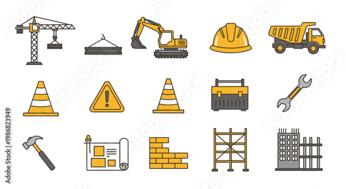 Construction tools and equipment icons.