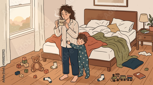 Tired Mom With Coffee Embraced By Child In Messy Bedroom
