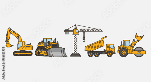 Construction vehicles and equipment line up.
