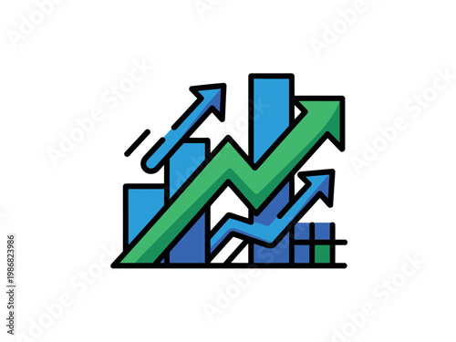 A colorful graphic illustration of a growing business chart with arrows pointing upwards, indicating success and progress.