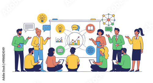 Diverse group of people brainstorming together.