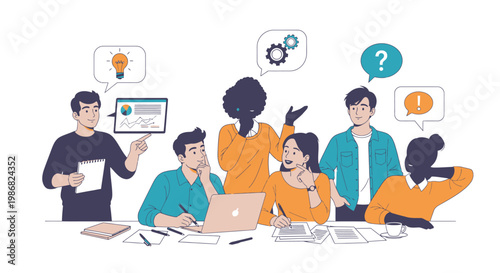 Diverse group of people brainstorming ideas.