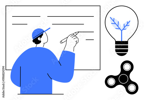 Brainstorming, education, productivity, innovation, creativity, business planning. Person writing on a whiteboard, a lightbulb and a fidget spinner. Education and productivity concept