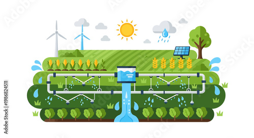 Sustainable agriculture illustration with irrigation system and renewable energy sources