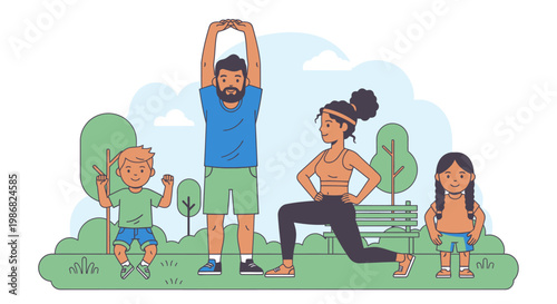 Family doing yoga together outdoors.