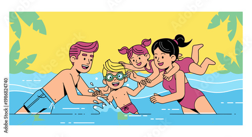 Family playing in swimming pool water.