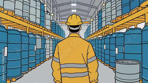 Worker in Warehouse Among Shelves with Barrels