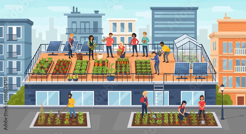 Community rooftop garden illustration with people cultivating plants solar panels and urban landscape