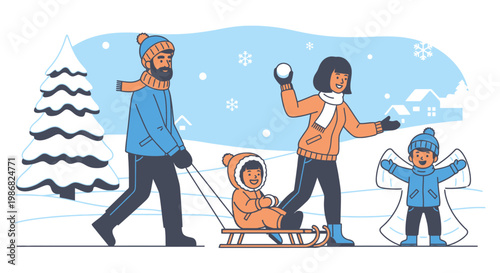 Family playing in winter snow together.