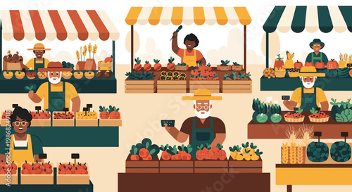 Farmers market illustration colorful stalls and vendors displaying fresh produce