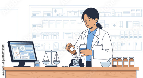 Female pharmacist working at counter.