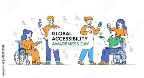 Global accessibility awareness day illustration diverse people smartphones wheelchairs vector