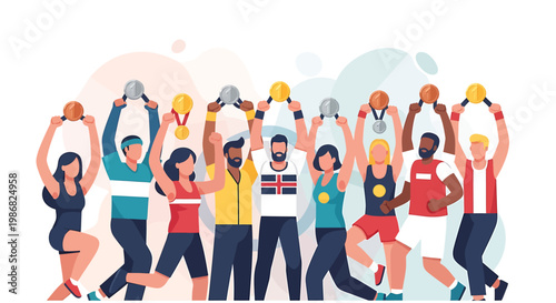 Group of diverse athletes celebrating victory with medals illustration