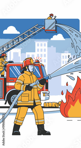 Firefighter in yellow uniform spraying water.