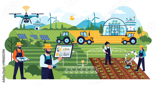Modern farming technology illustration field automation agricultural processes precision agriculture innovation technology agriculture drone concept