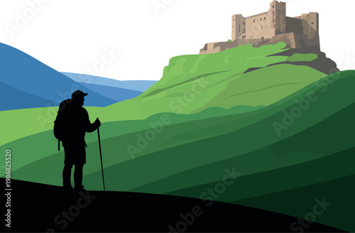 A lone hiker stands in front of a majestic castle atop a green hill