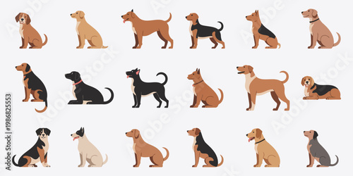 Dog breeds collection cartoon set vector illustration. Diverse dog characters in one vector set with unique poses and styles. Ideal for branding and illustration.