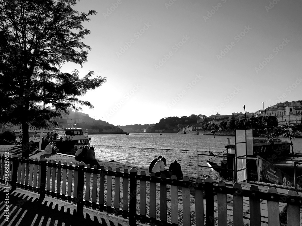 Obraz premium Black and white riverside scene in Porto with wooden fence, moored boats, tree silhouette and city hillside reflected in Douro River at dusk. Classic moody European waterfront.
