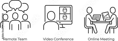 A vector illustration depicting remote team collaboration with a video conference and online meeting in a modern flat design, ideal for business, marketing, and lifestyle concepts.