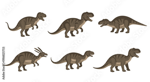 Group of toy dinosaurs walking together.