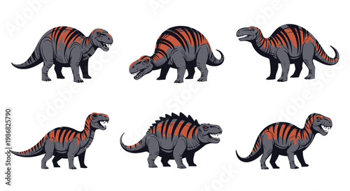 Group of toy striped dinosaurs standing.