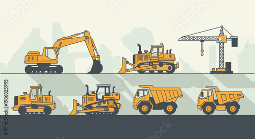 Heavy construction vehicles in a line.