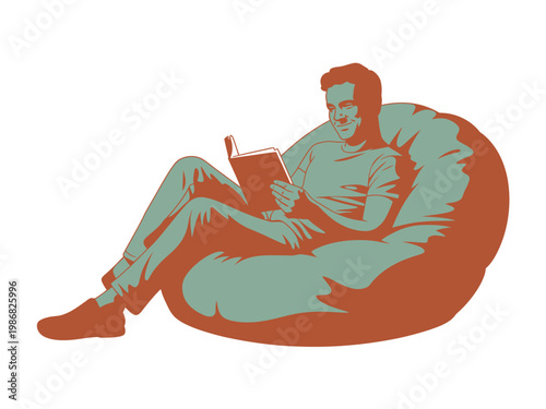 A man sitting comfortably on a bean bag chair while reading a book in a relaxed atmosphere