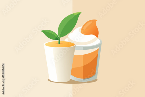 Delicious orange flavored creamy pudding dessert served inside a clear glass next to a minimalist white ceramic pot containing a vibrant green sprout that symbolizes the organic fresh ingredients used