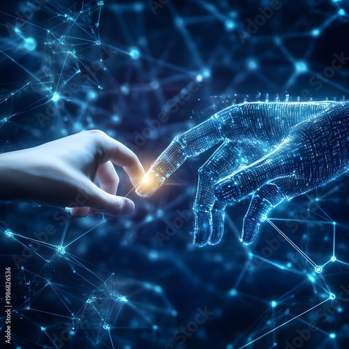 A human hand gently touches a blue glowing digital robot hand in a dark, interconnected network environment.