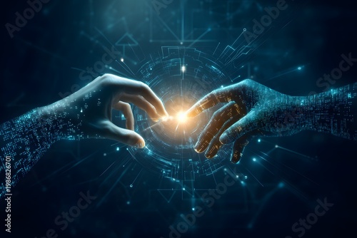 Digital creation hand touch concept with technological background and glowing light connecting two futuristic hands.