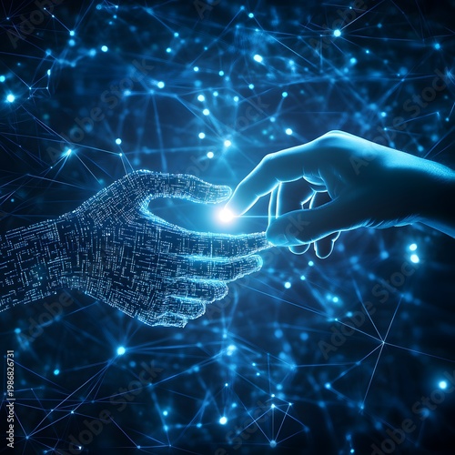 Digital hand silhouette touching human hand with neural network nodes and blue light effects.