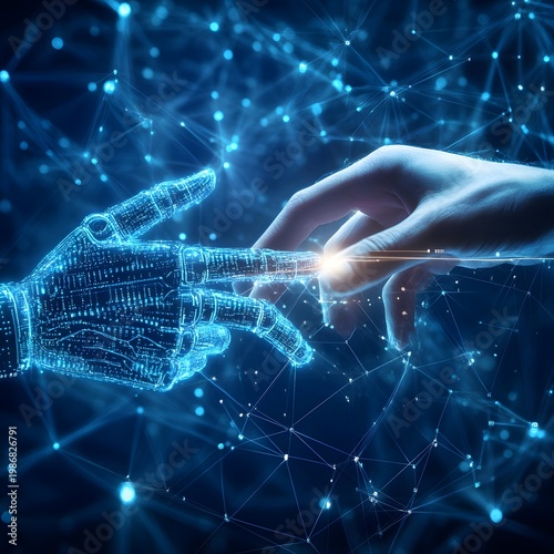 Digital robot hand reaching out to touch human hand in blue glowing network background.