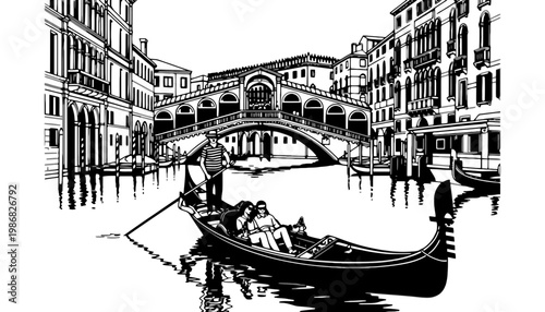 Gondola vector illustration of a romantic scene in Venice with a bridge