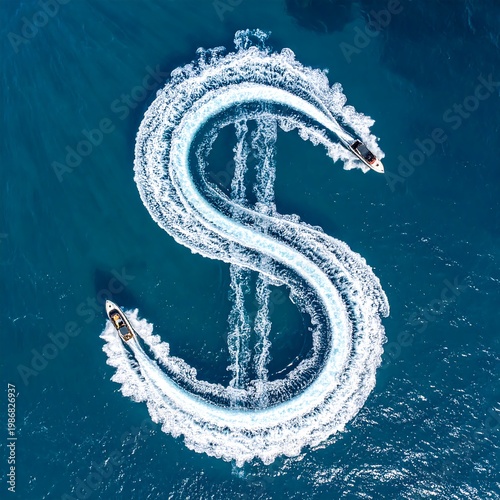 Aerial view of two boats forming an S shape on the water