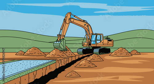 Large orange excavator digging earth ground.