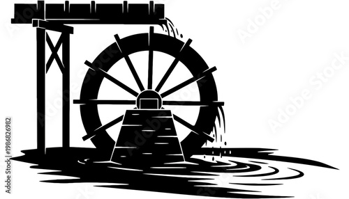 A water wheel silhouette illustration with a white background