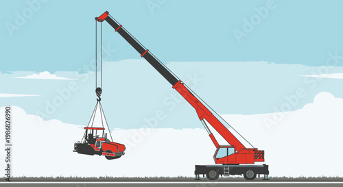 Large Red Crane Lifting Heavy Load.