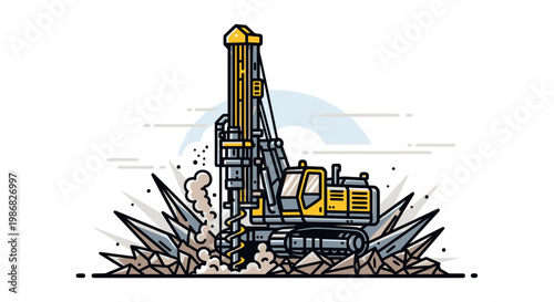 Large Yellow Construction Drill Machine Operating.