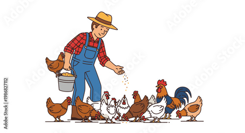 Man feeding chickens on farm land.