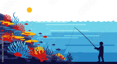 Man fishing by colorful coral reef.