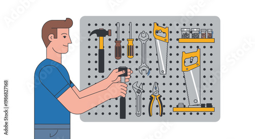 Man holding a drill standing beside pegboard.