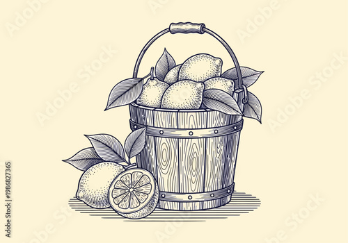 Vintage Hand-Drawn Woodcut Illustration of Fresh Lemons in a Wooden Bucket with Leaves